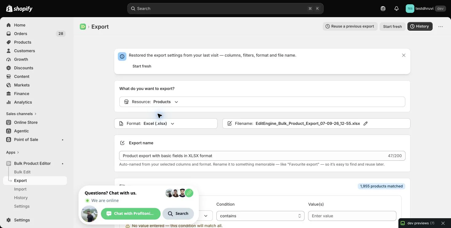 Products selected as the EditEngine export resource