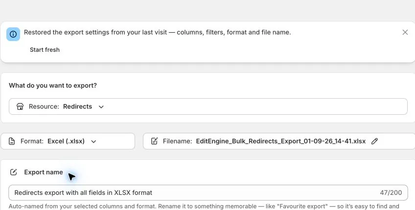 EditEngine Export with Redirects selected as the resource