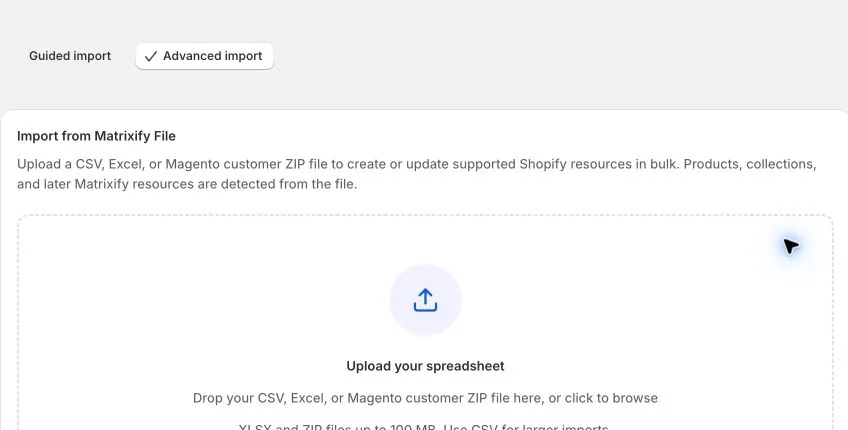 The EditEngine Advanced Import upload area for a Shop spreadsheet