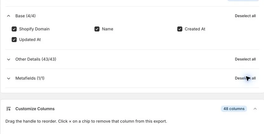 The Shop export has separate Base, Other Details, and Metafields groups
