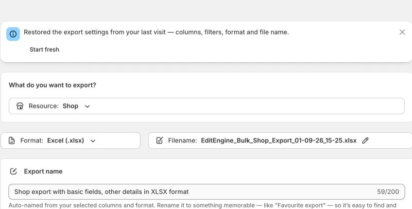 Shop selected as the EditEngine export resource