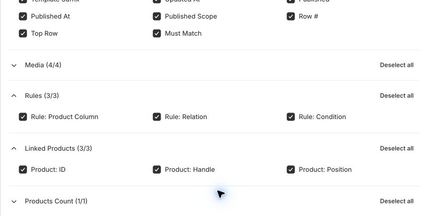 Smart Collections export columns with rules and linked-product fields selected