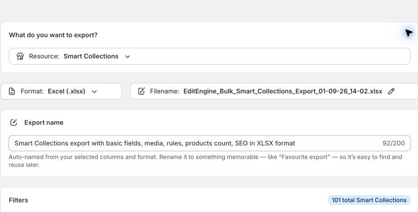EditEngine Export with Smart Collections selected as the resource