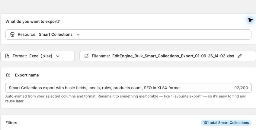EditEngine Export with Smart Collections selected as the resource