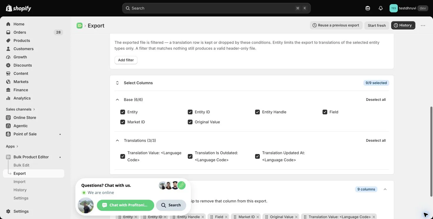 The full set of Translations export columns in EditEngine