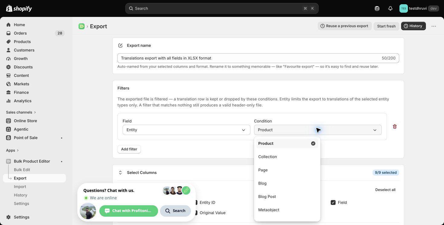 The Translations Entity filter and its supported values