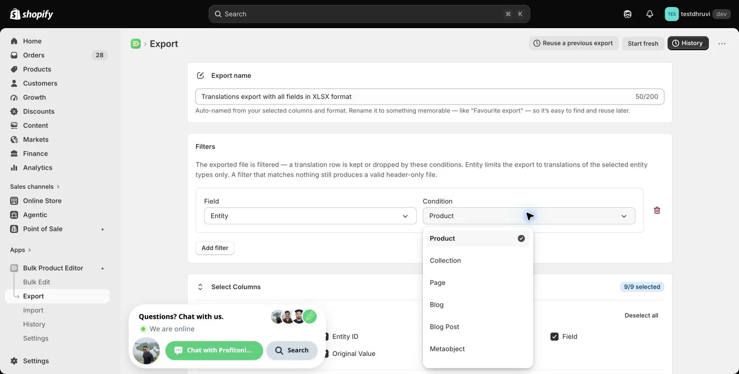 The Translations Entity filter and its supported values