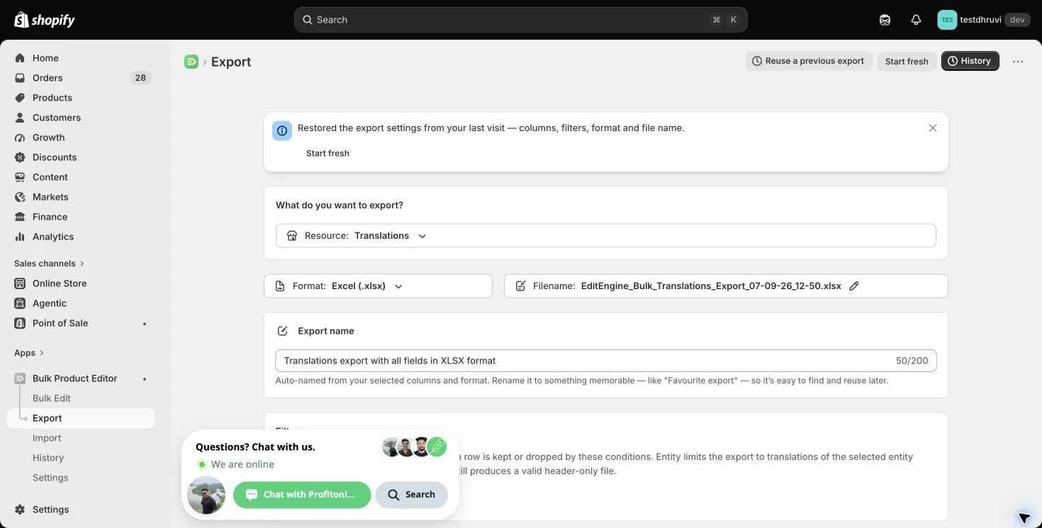 Translations selected as the EditEngine export resource