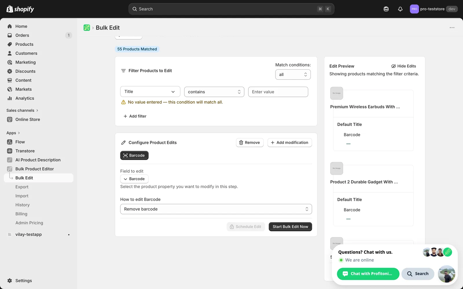 Remove barcode action selected with no input; Edit Preview on the right shows variants with Barcode set to —