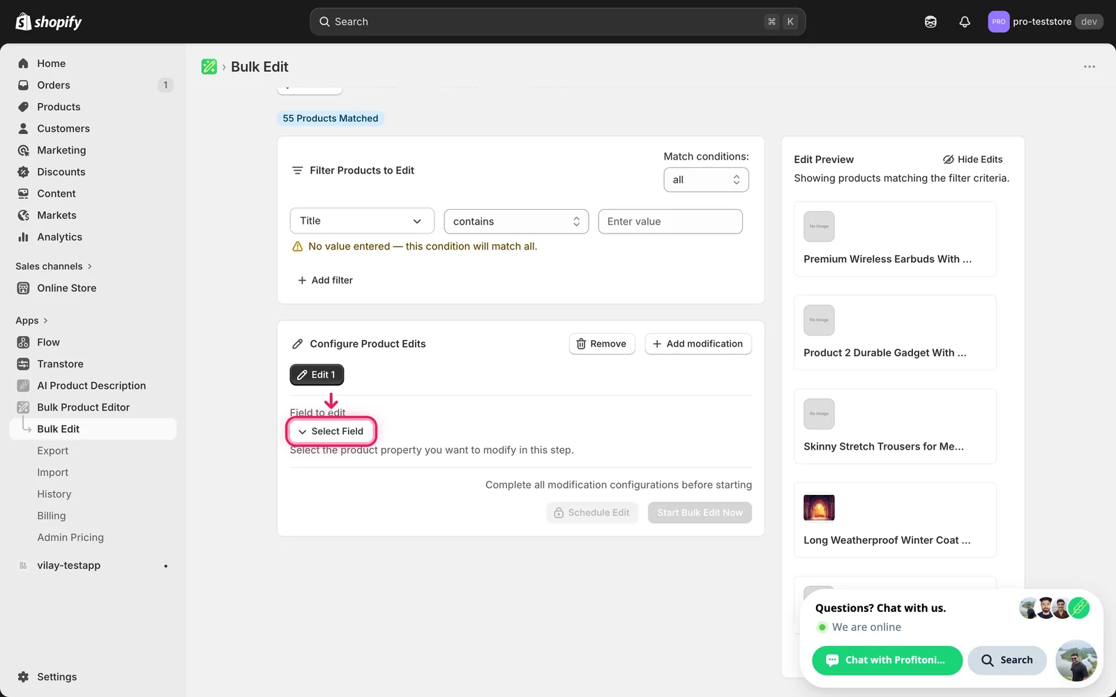 The Select Field button in the Configure Product Edits panel