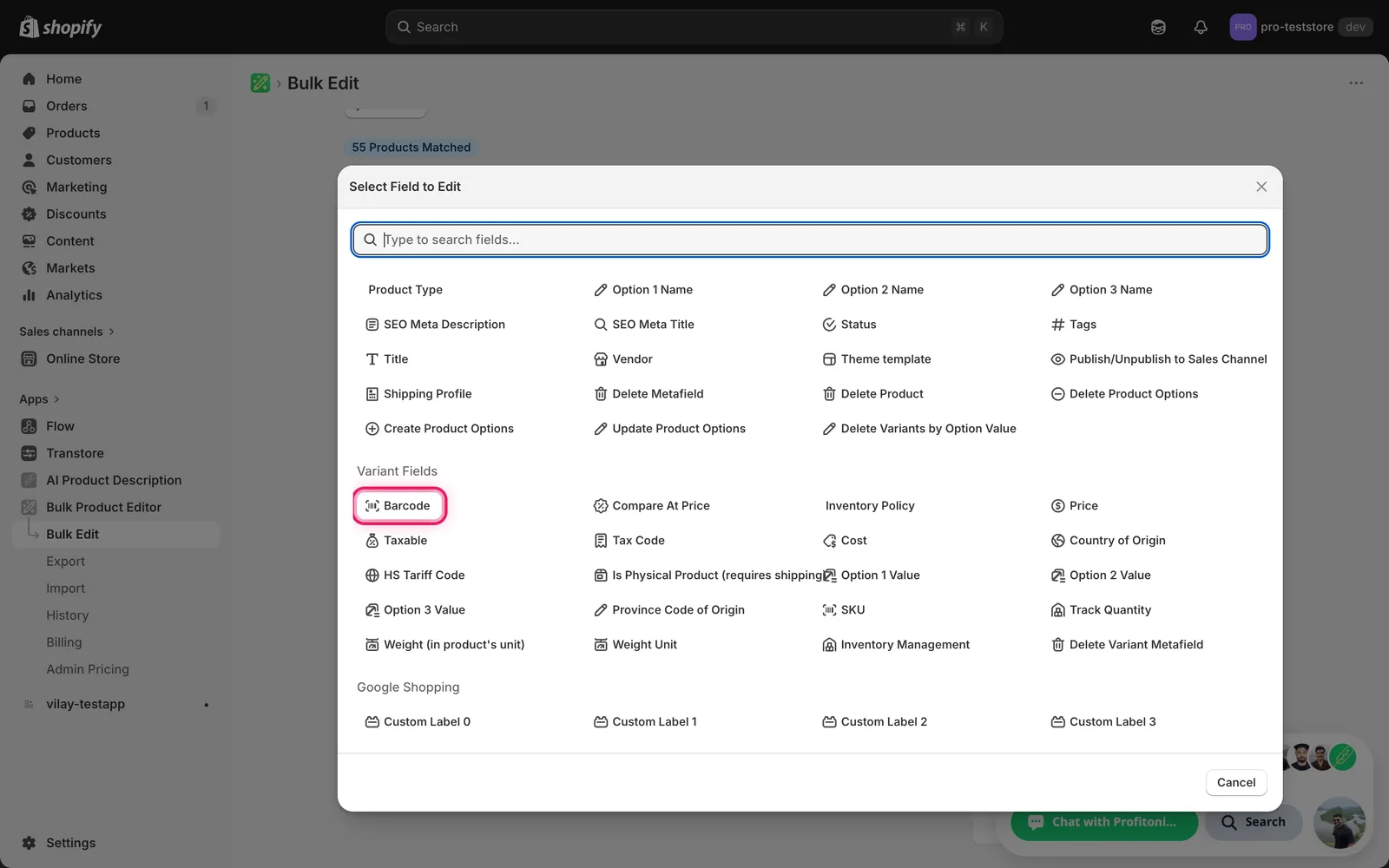 The Select Field modal with Barcode marked under Variant Fields