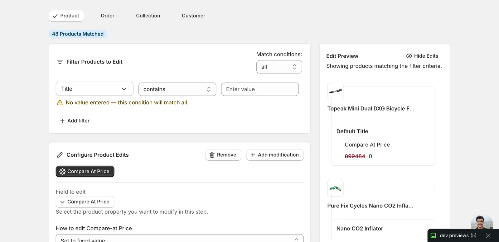 Configure Product Edits showing Compare At Price selected with the How to edit dropdown set to Set to fixed value