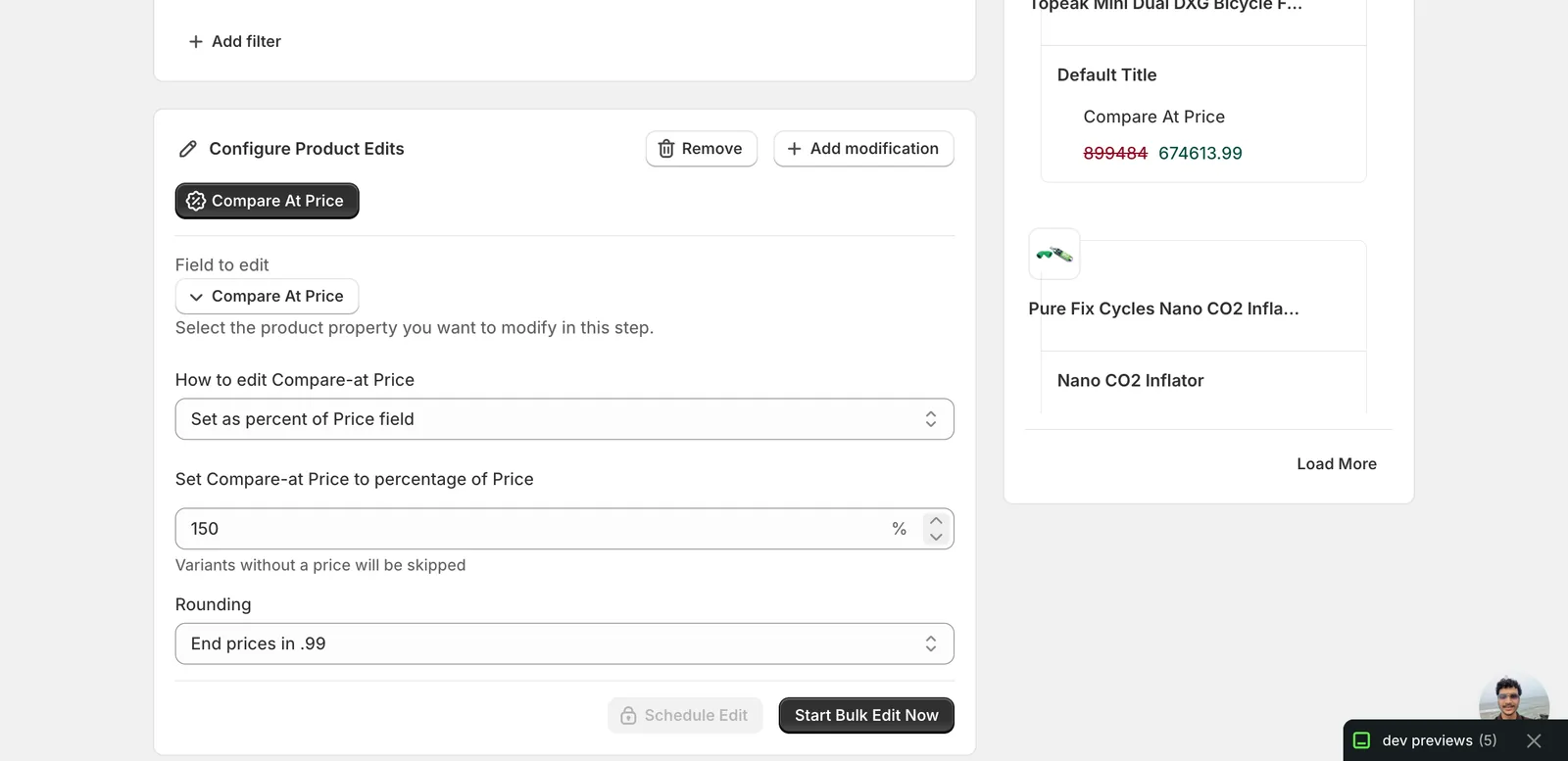 Set as percent of Price field with 150% entered, help text Variants without a price will be skipped, and rounding set to End prices in .99