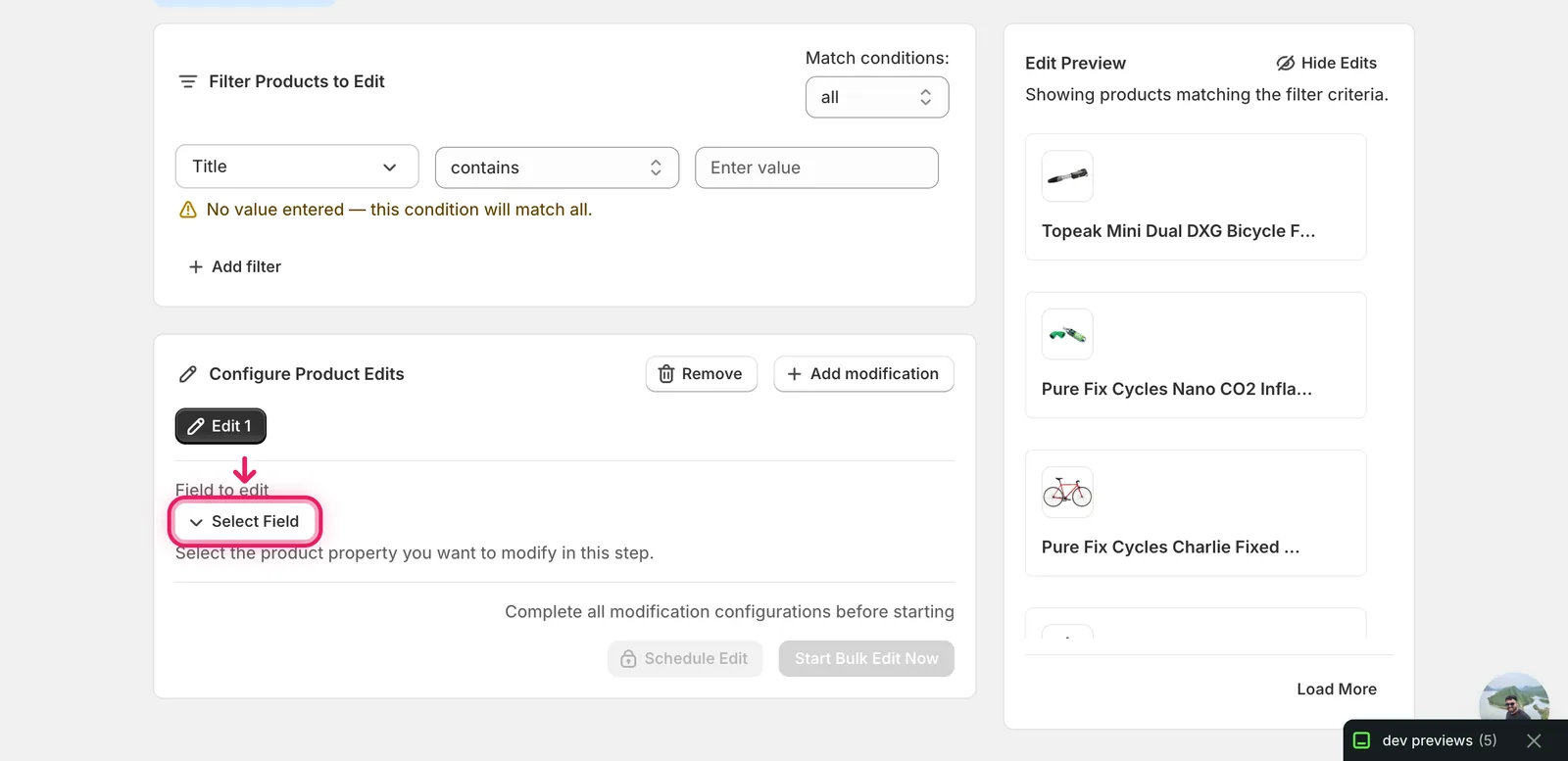 The Select Field button under Field to edit in the Configure Product Edits panel