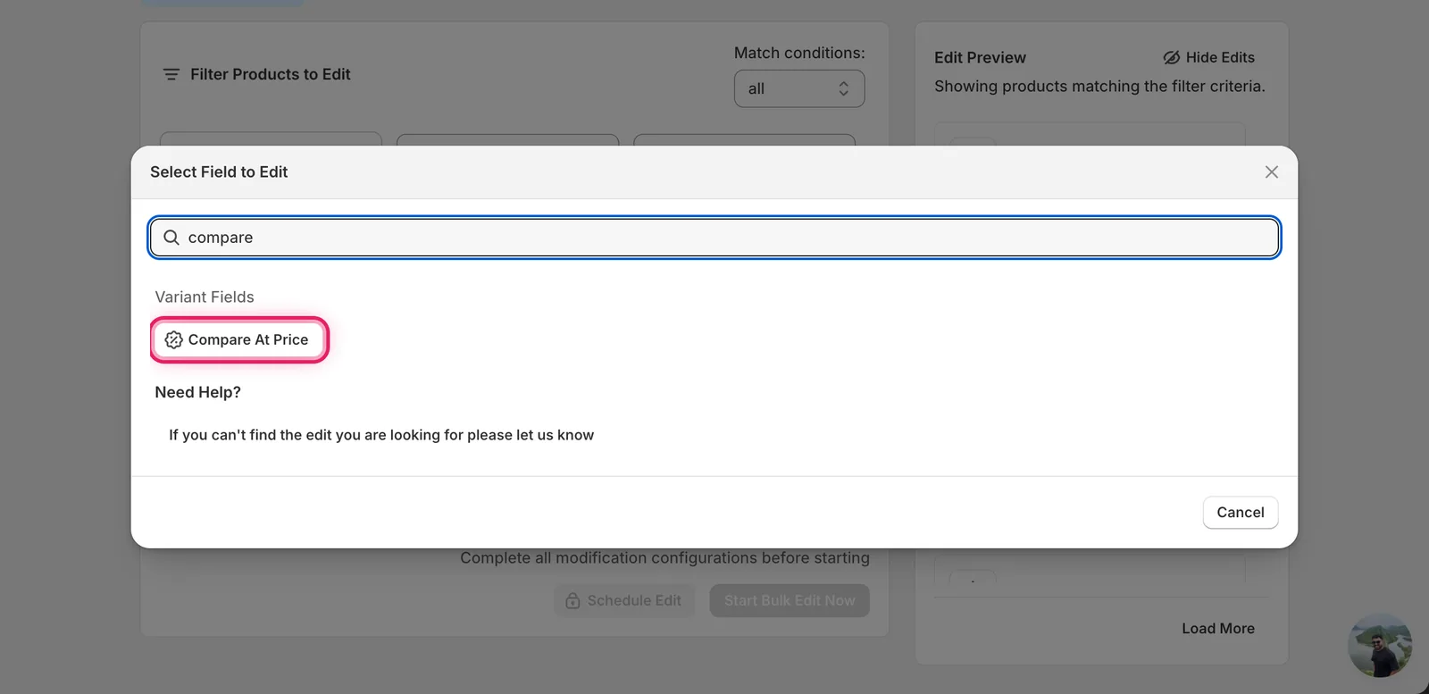 The Select Field modal filtered to Compare At Price under Variant Fields