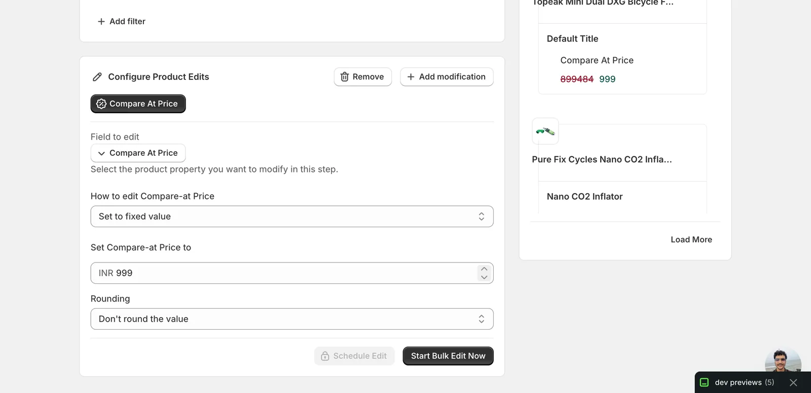 Set to fixed value with INR 999 entered and Don't round the value selected