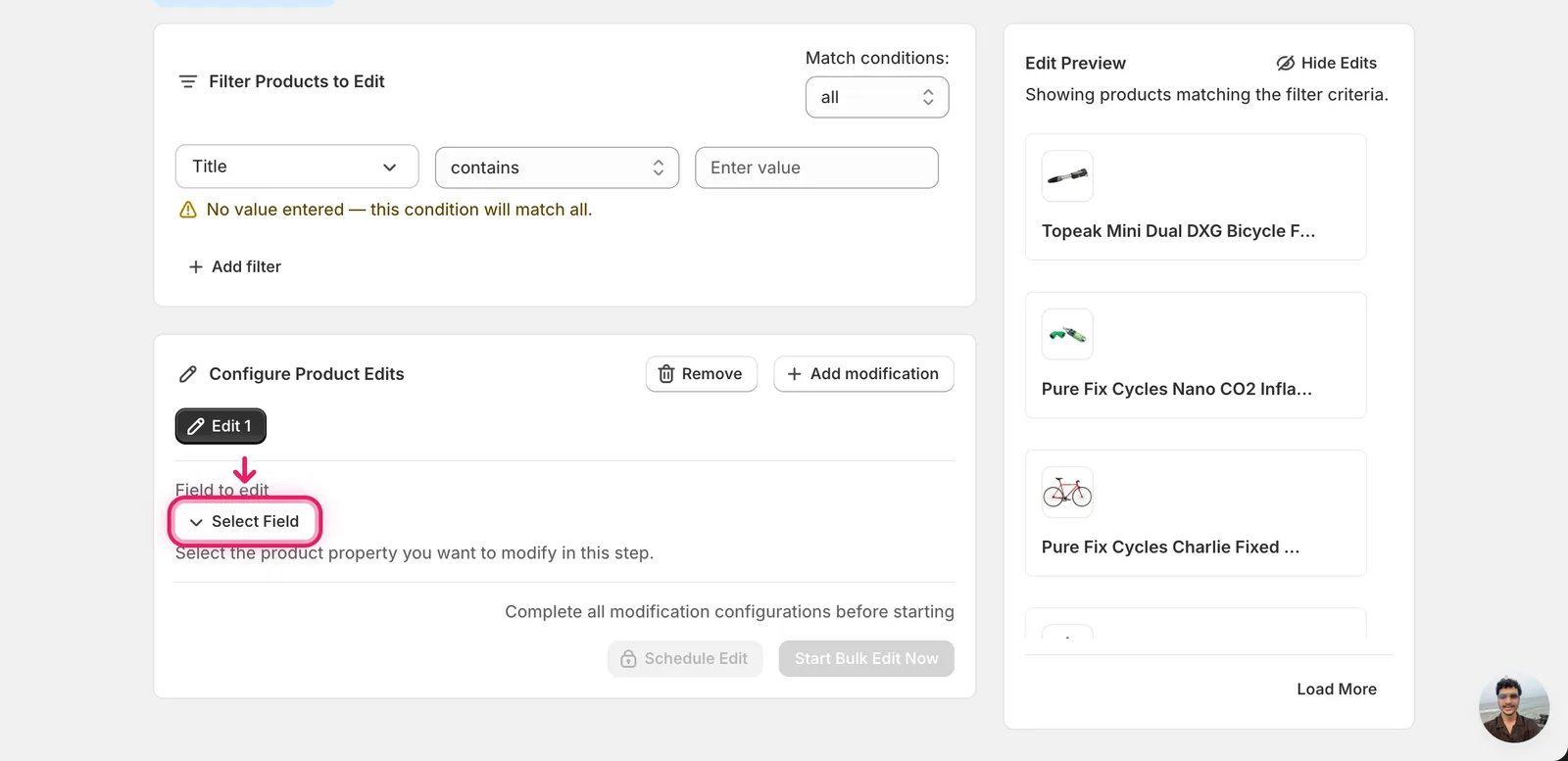 The Select Field button highlighted in the Configure Product Edits panel