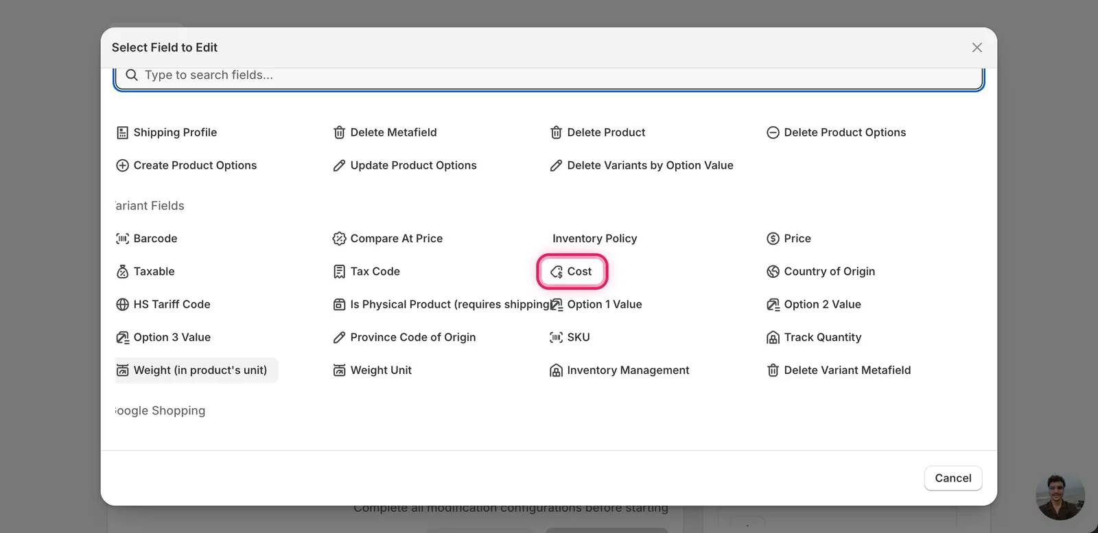 The Select Field modal with Cost marked under Variant Fields