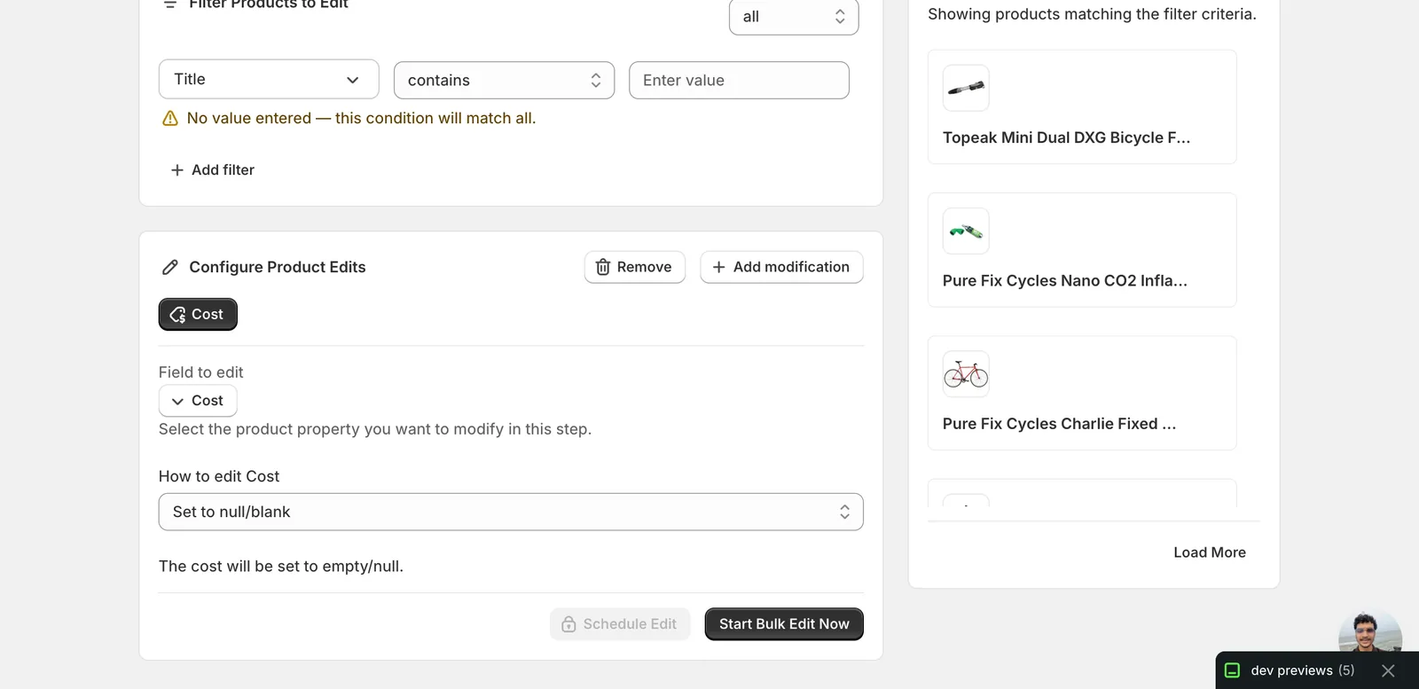 Set to null/blank shows the message "The cost will be set to empty/null"