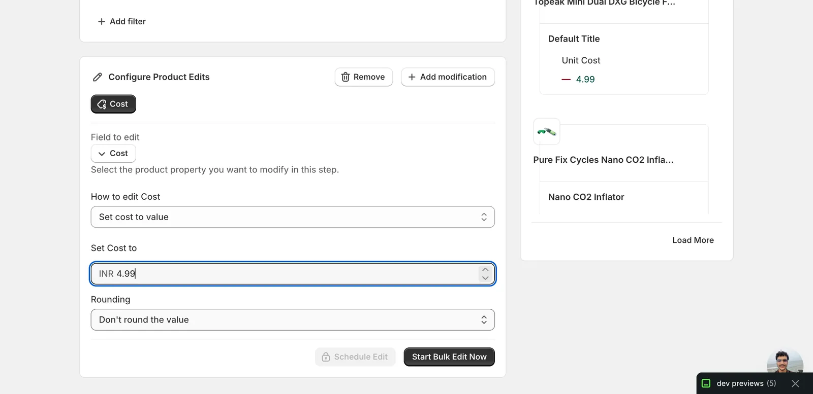 Set Cost to with INR 4.99 entered and Don't round the value selected