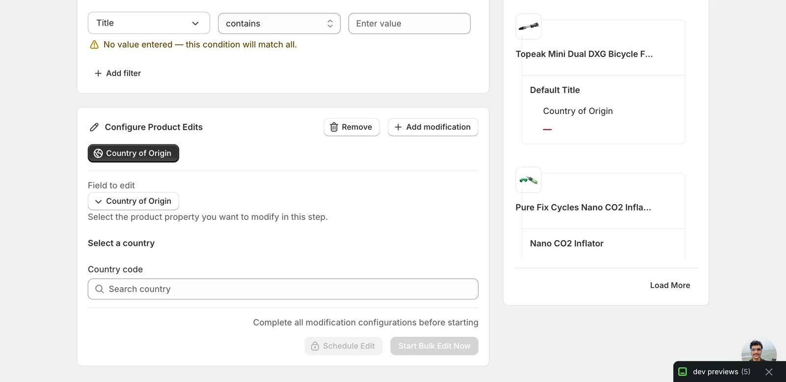 Configure panel after picking Country of Origin: Field to edit shows Country of Origin and Select a country with a Search country input below