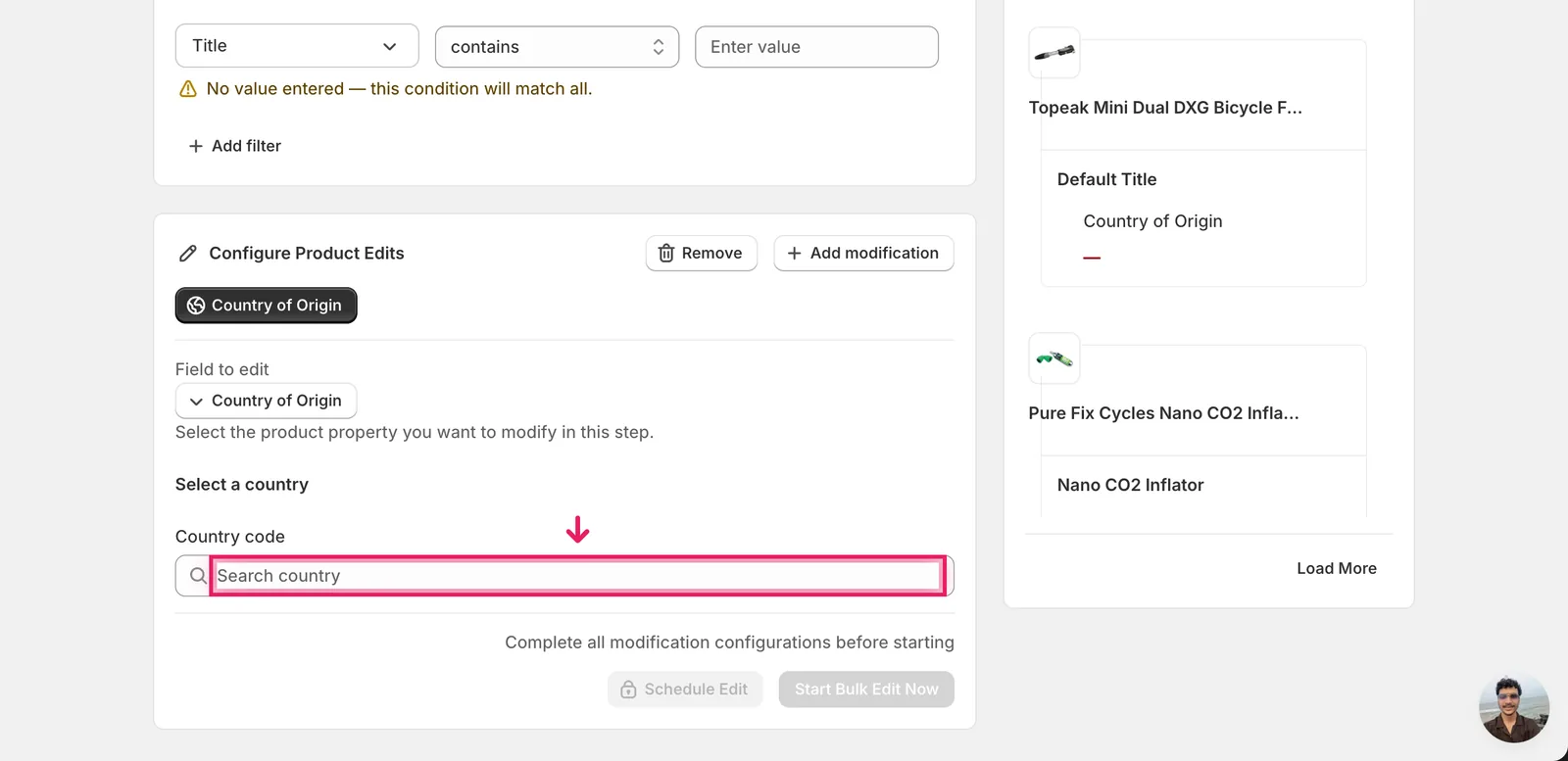 Pointer on the empty Search country input