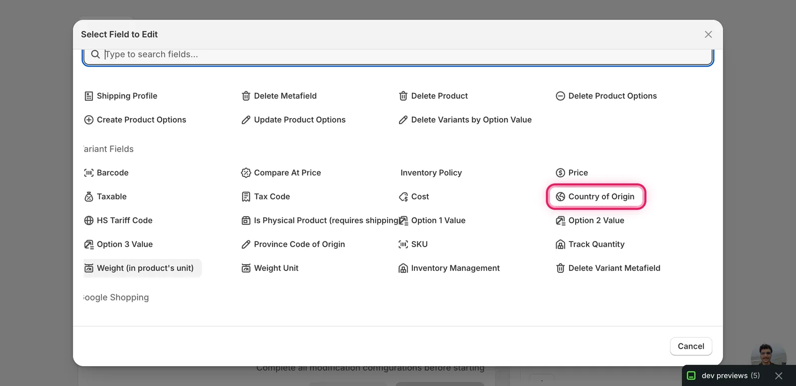 Select Field modal with Country of Origin marked under Variant Fields