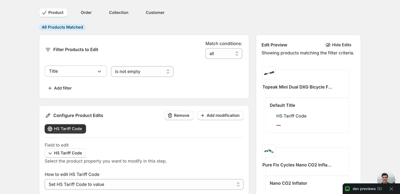 Configuration panel after picking HS Tariff Code: a single action dropdown set to "Set HS Tariff Code to value"