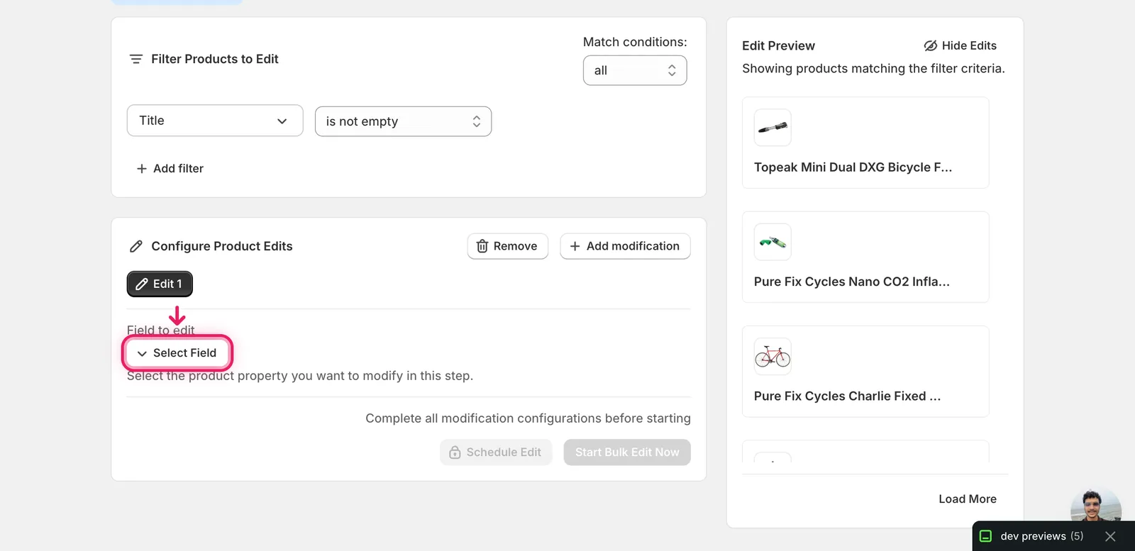 The Configure Product Edits panel with the Select Field button outlined
