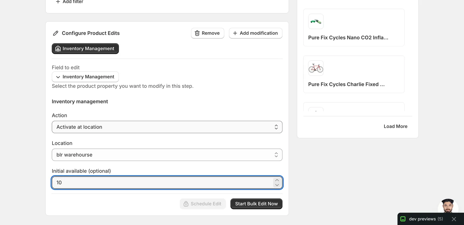 Activate at location selected, blr warehourse picked, Initial available set to 10