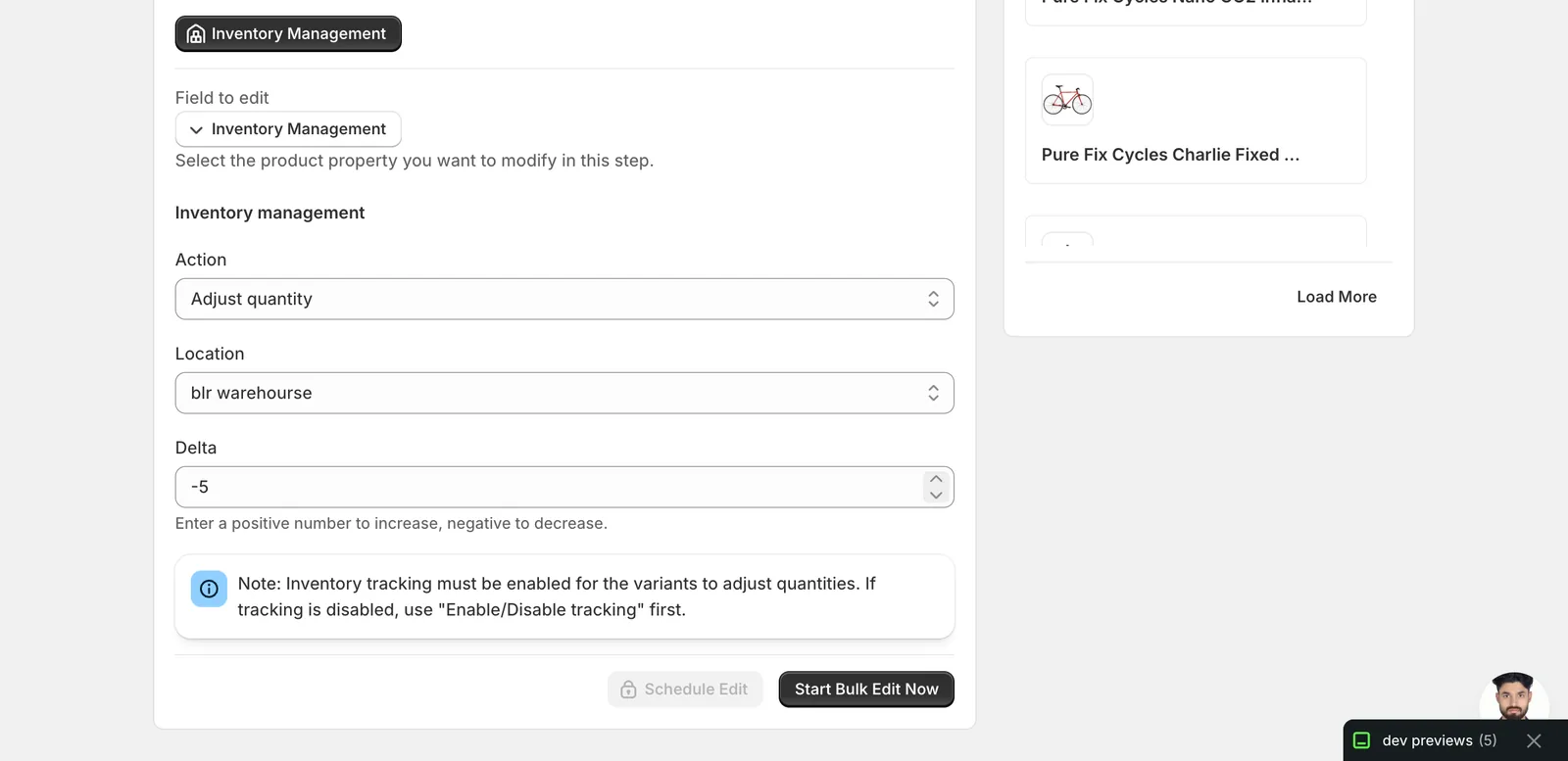 Adjust quantity selected, blr warehourse picked, Delta -5, with the tracking-required note visible