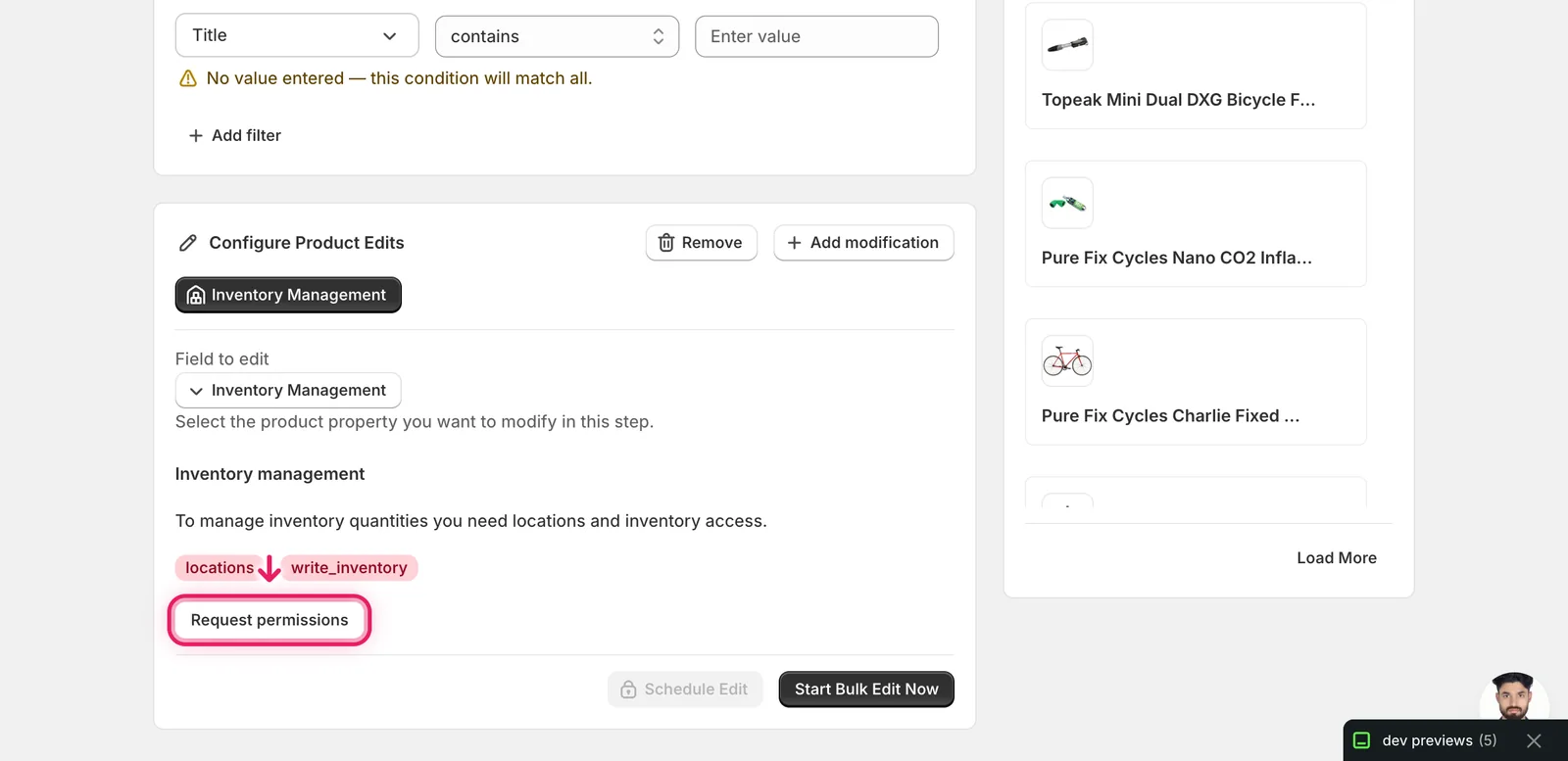 The Inventory management permission gate showing locations and write_inventory badges, with Request permissions outlined