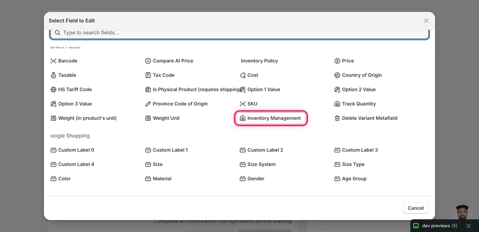 The Select Field modal with Inventory Management outlined under Variant Fields