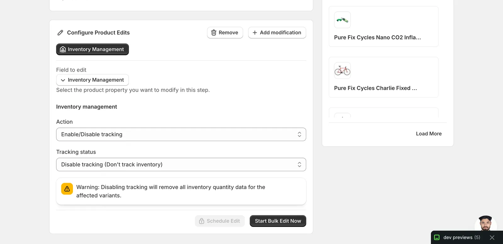 Enable/Disable tracking selected, Tracking status set to Disable tracking, with a yellow warning about removing inventory data