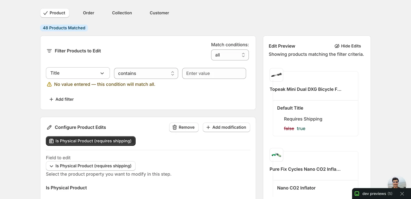 Edit Preview showing variants with Requires Shipping changing from false to true