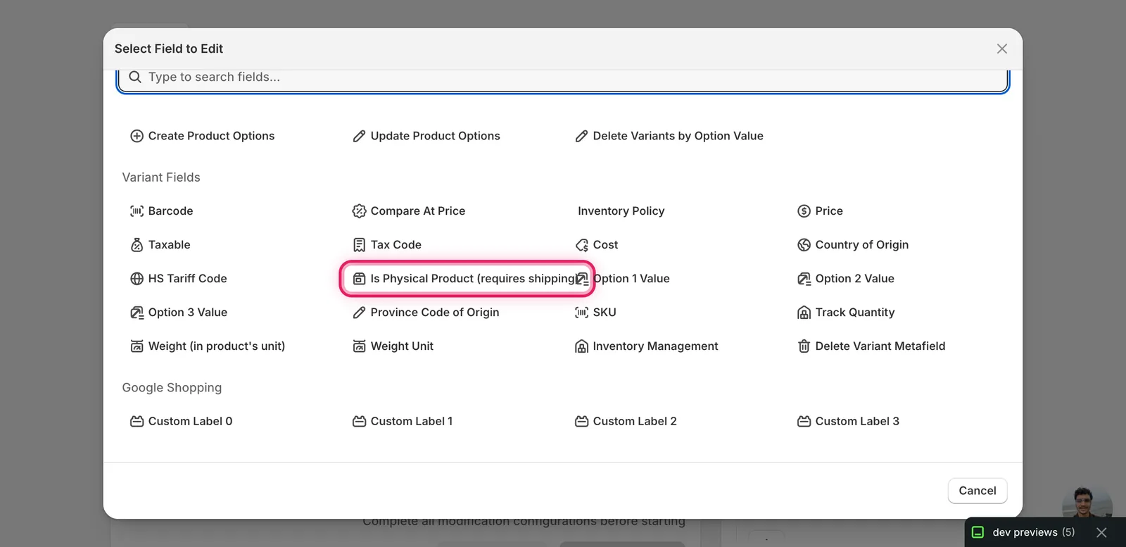 The Select Field modal with Is Physical Product (requires shipping) marked under Variant Fields