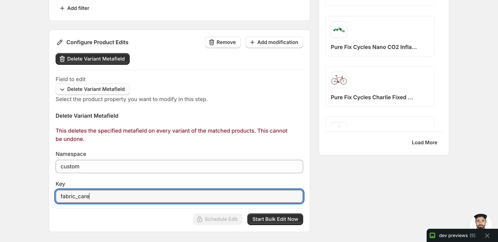 Delete Variant Metafield form with custom in Namespace and fabric_care in Key