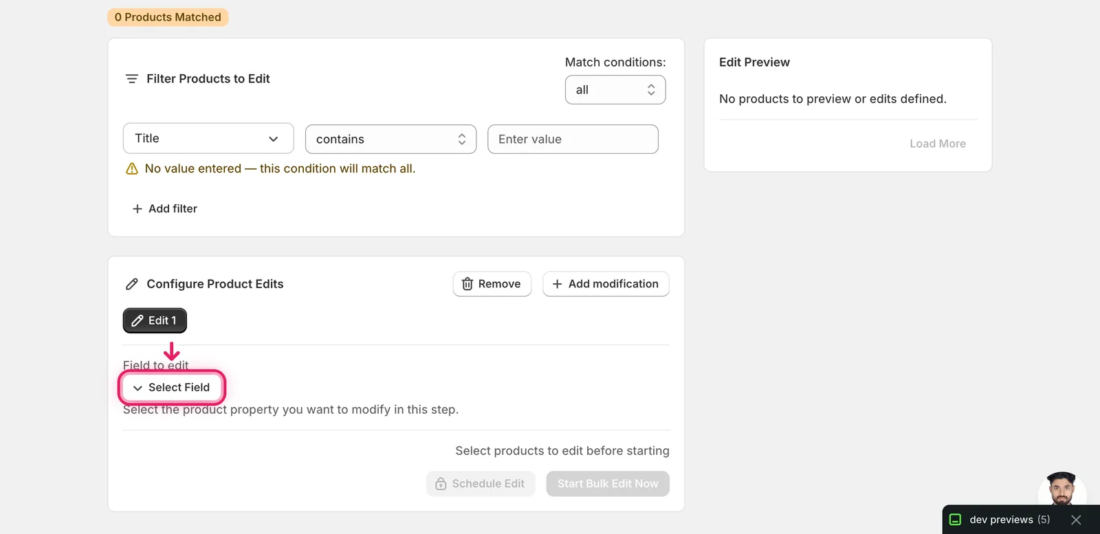 Select Field button in the Configure Product Edits panel, marked with a pink outline