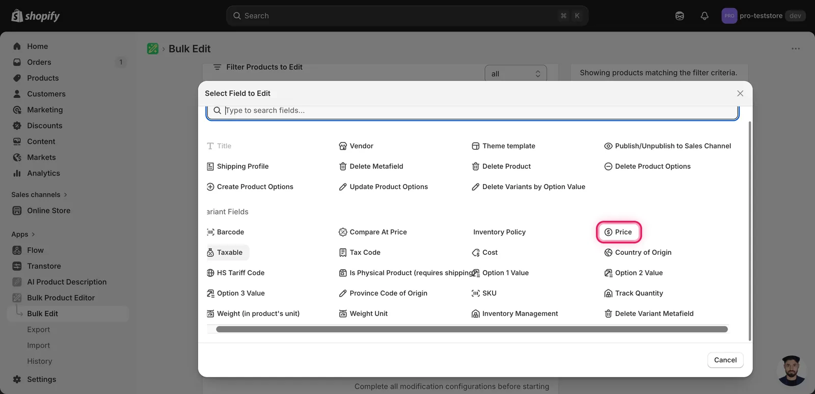 The Select Field modal with Price marked under Variant Fields