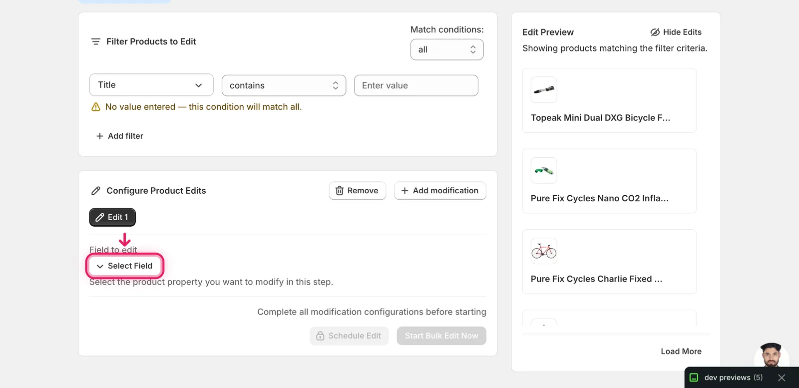 Select Field button highlighted in the Configure Product Edits panel