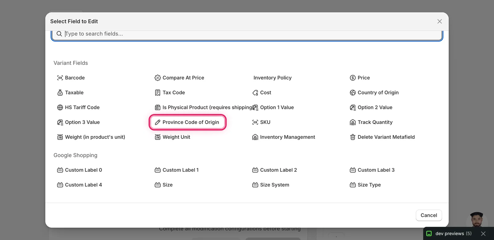 Select Field modal with Province Code of Origin marked under Variant Fields