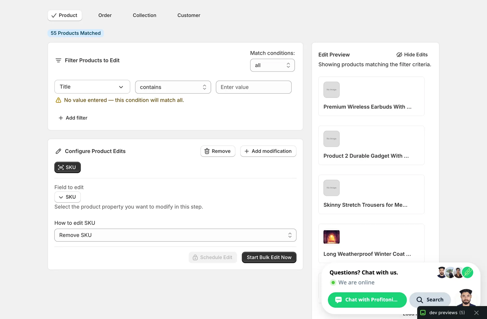 Remove SKU action selected: dropdown shows Remove SKU and there is no value input below — Start Bulk Edit Now is enabled immediately