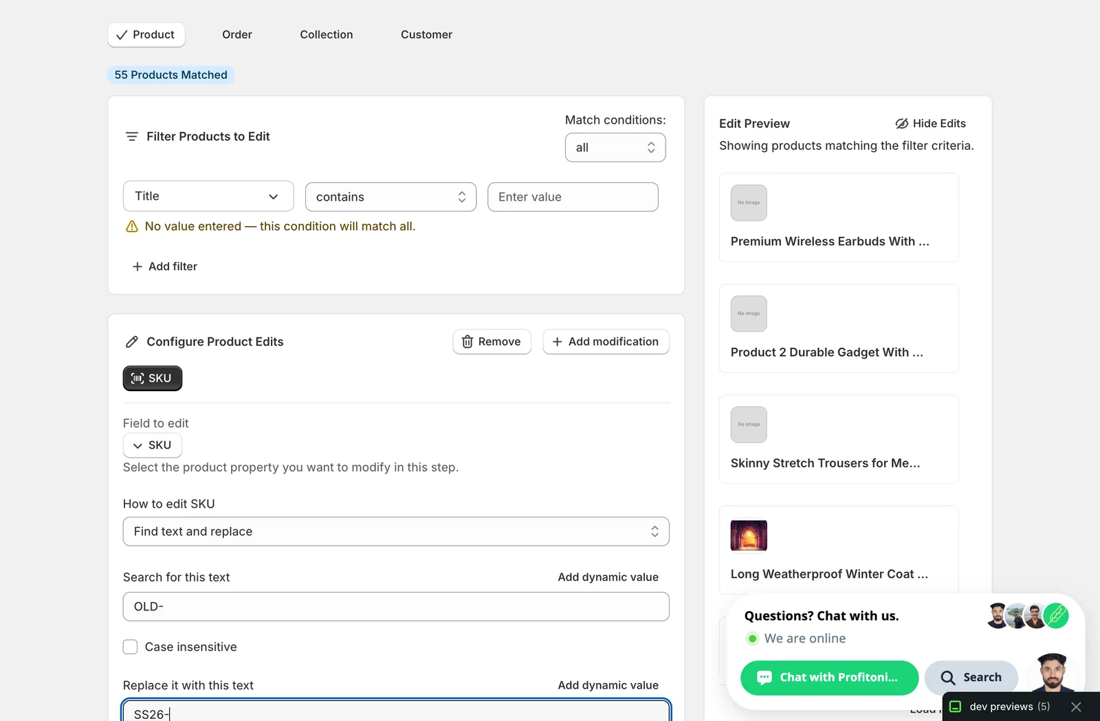 Find text and replace mode with "OLD-" in the search field and "SS26-" in the replace field