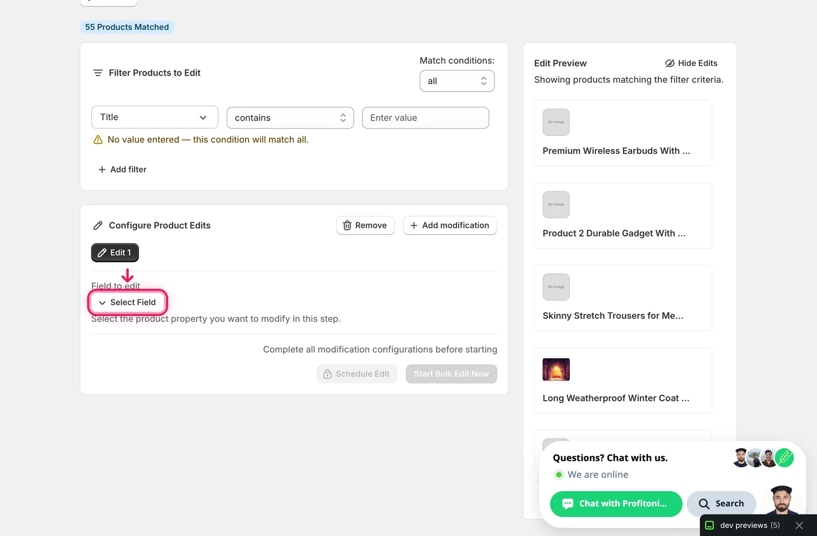 The Select Field button in the Configure Product Edits panel
