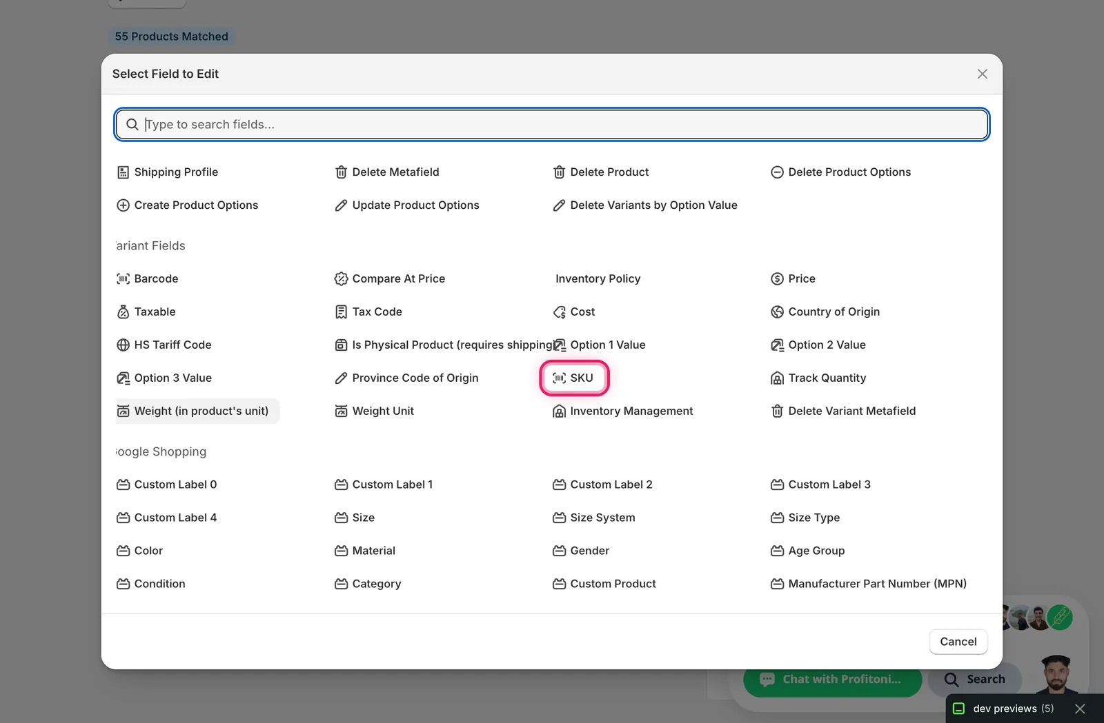 The Select Field modal with SKU marked under Variant Fields