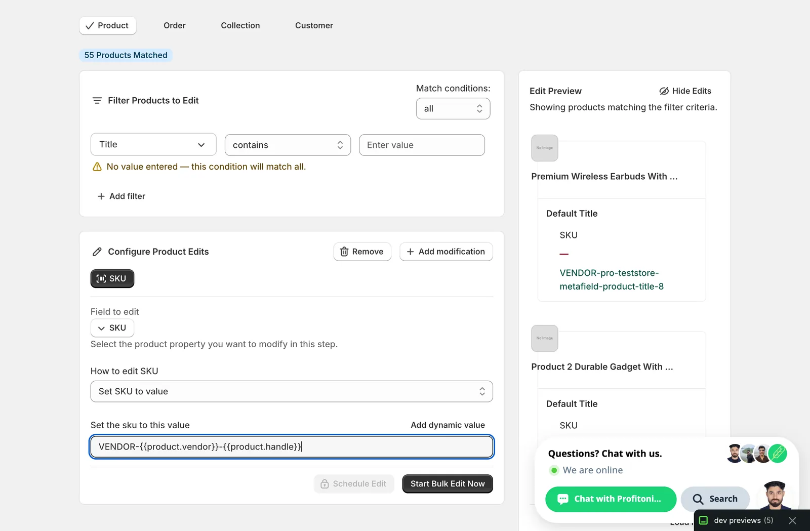 Set SKU to value with "VENDOR-{{product.vendor}}-{{product.handle}}" entered. The Edit Preview on the right shows each variant's SKU resolving to a unique value built from its product's vendor and handle