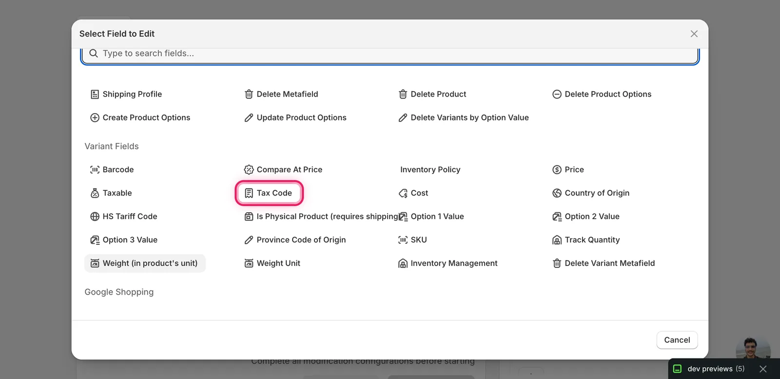 EditEngine field selector showing the legacy Tax Code option under Variant Fields