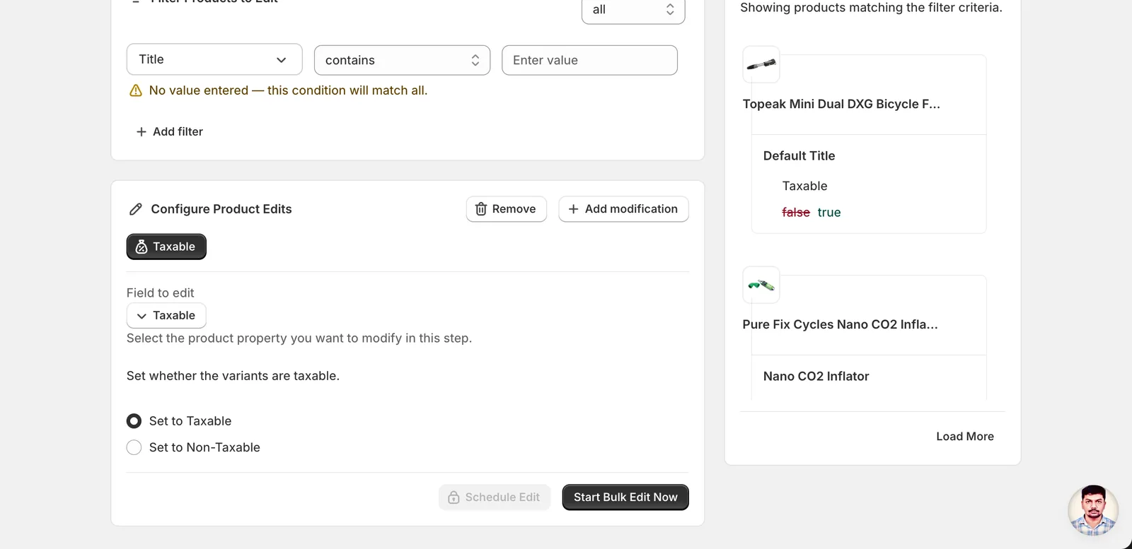 Configuration panel with Set to Taxable selected and the Edit Preview showing variants flipping from false to true