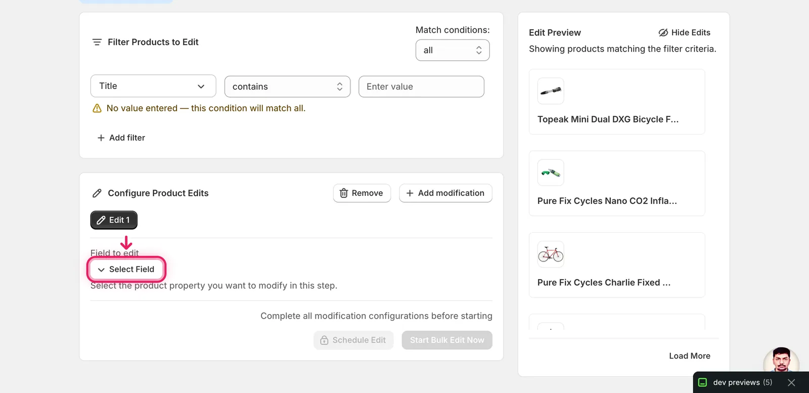 The Configure Product Edits panel with the Select Field button outlined