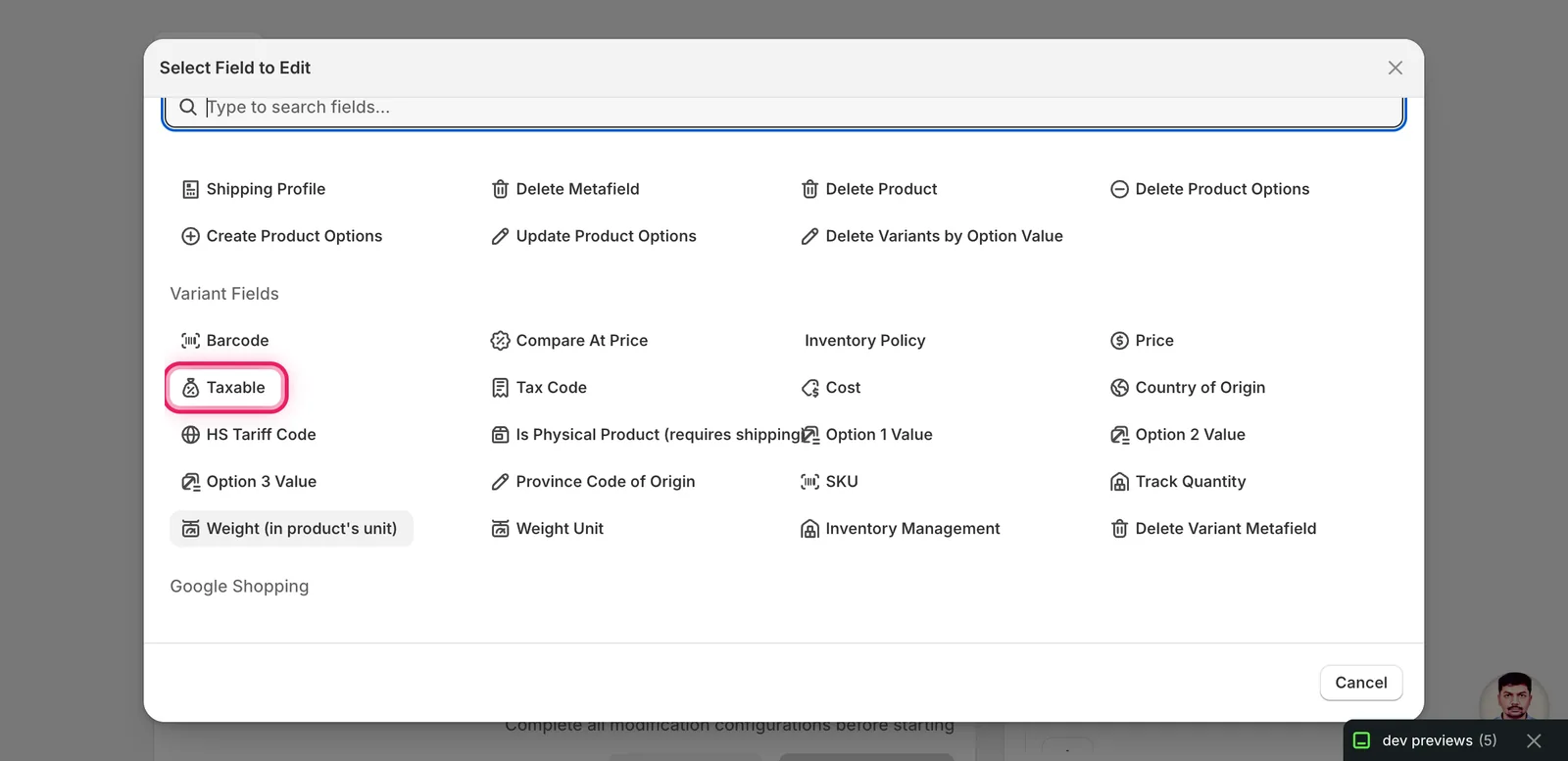 The Select Field modal with Taxable outlined under Variant Fields